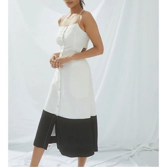 MAEVE ANTHROPOLOGIE COLOR BLOCK LINEN BUTTON FRONT OPEN  BACK MIDI DRESS SMALL - Picture 2 of 13
